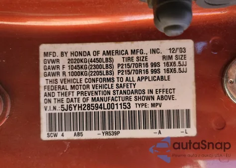 2004 Honda Element Ex из США, поврежденный, VIN 5J6YH28594L001153